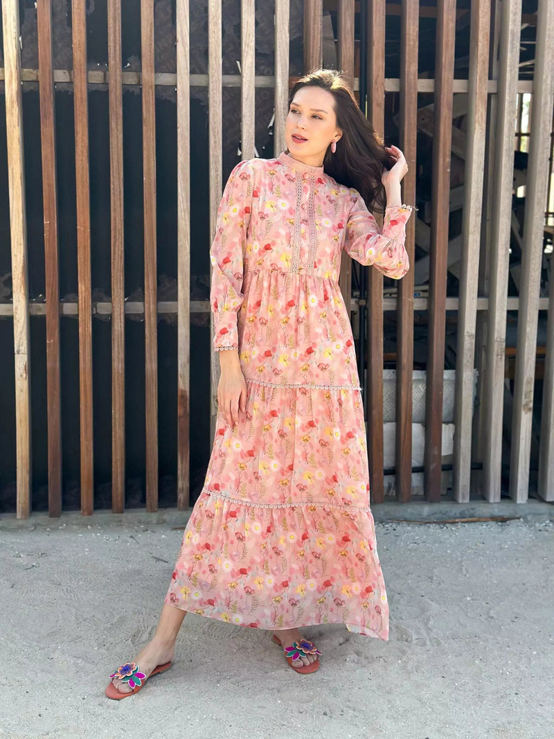 Hannah Lace Pastel Pink Floral Long Dress Dresses  - Sowears