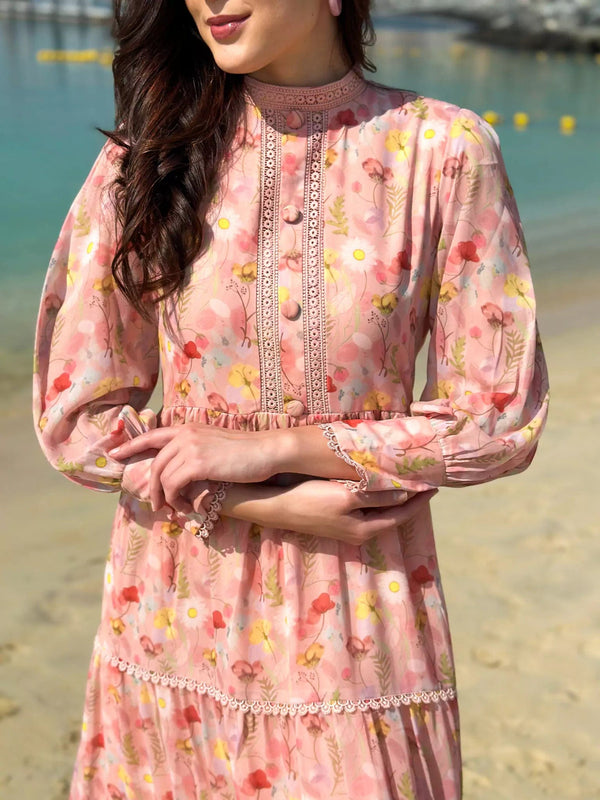 Hannah Lace Pastel Pink Floral Long Dress Dresses  - Sowears