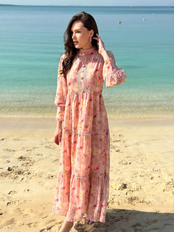 Hannah Lace Pastel Pink Floral Long Dress Dresses  - Sowears