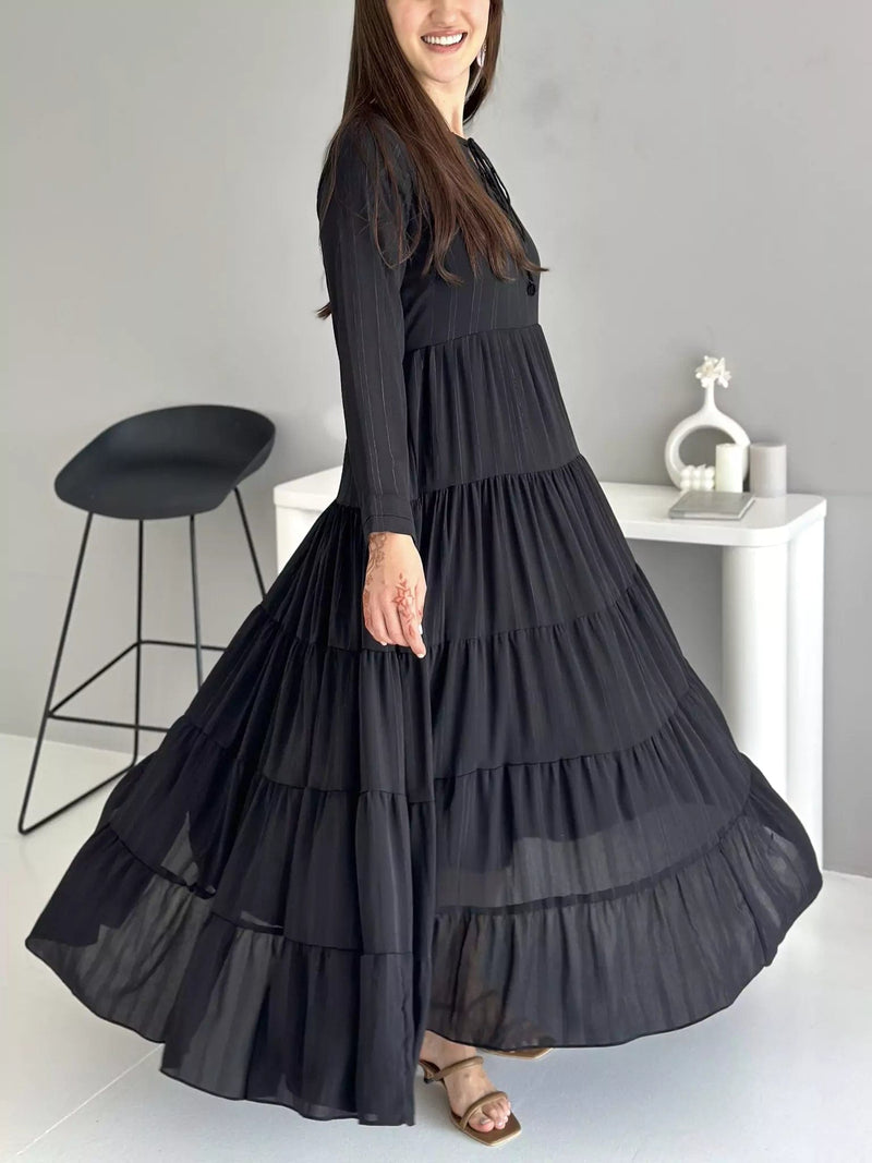 Jade Long Frill Dress - Black Dresses  - Sowears