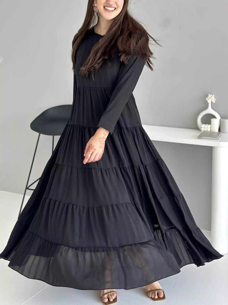 Jade Long Frill Dress - Black Dresses  - Sowears