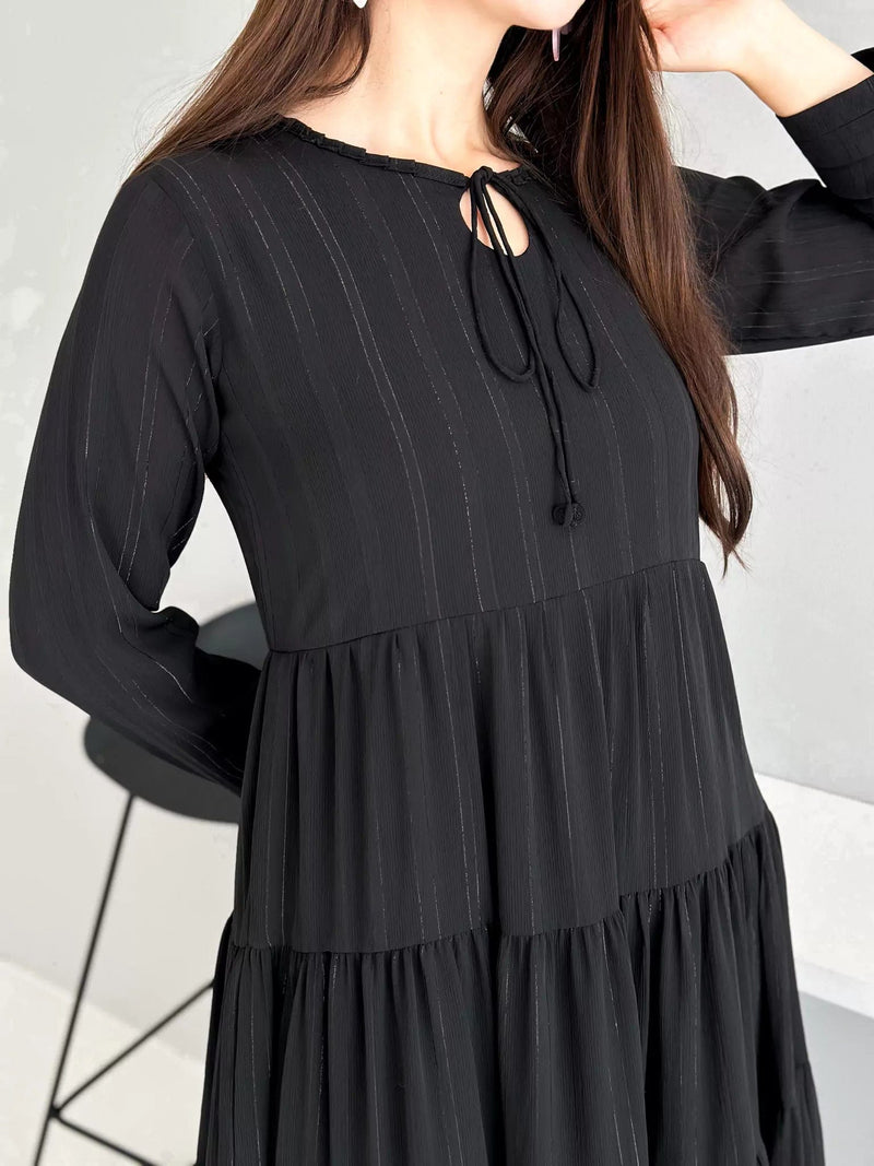 Jade Long Frill Dress - Black Dresses  - Sowears