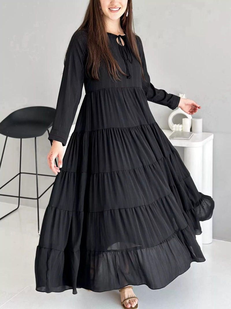 Jade Long Frill Dress - Black Dresses  - Sowears