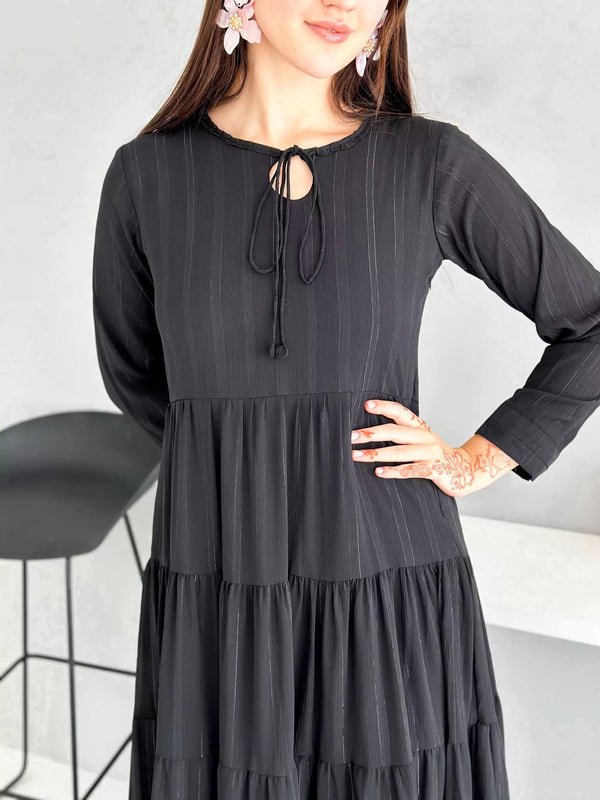 Jade Long Frill Dress - Black Dresses  - Sowears