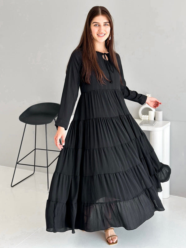 Jade Long Frill Dress - Black Dresses  - Sowears