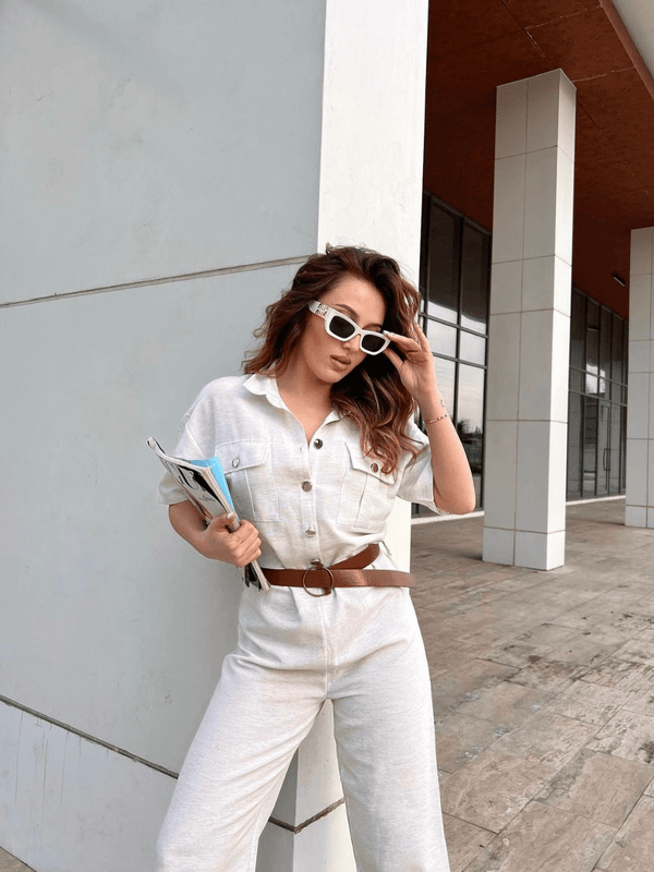 Linen Belted Jumpsuit In White Dresses  - Sowears