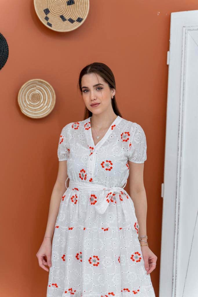 Lola Cutwork Embroidered Dress - Red Dresses  - Sowears