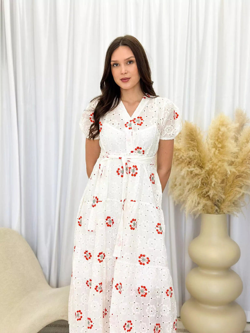 Lola Cutwork Embroidered Dress - Red Dresses  - Sowears