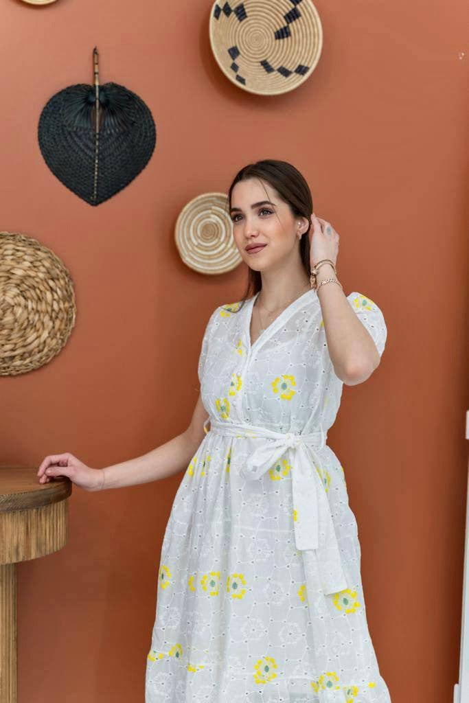 Lola Cutwork Embroidered Dress - Yellow Dresses  - Sowears