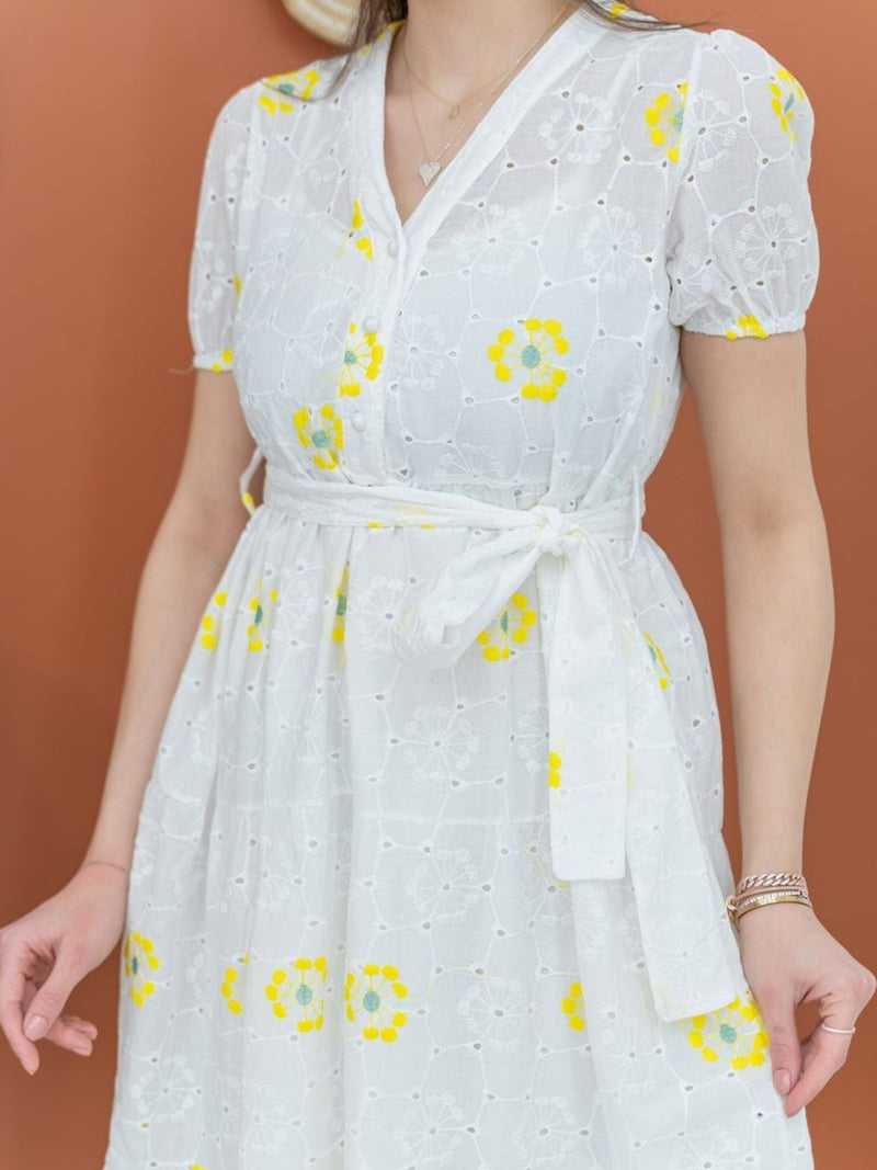 Lola Cutwork Embroidered Dress - Yellow Dresses  - Sowears