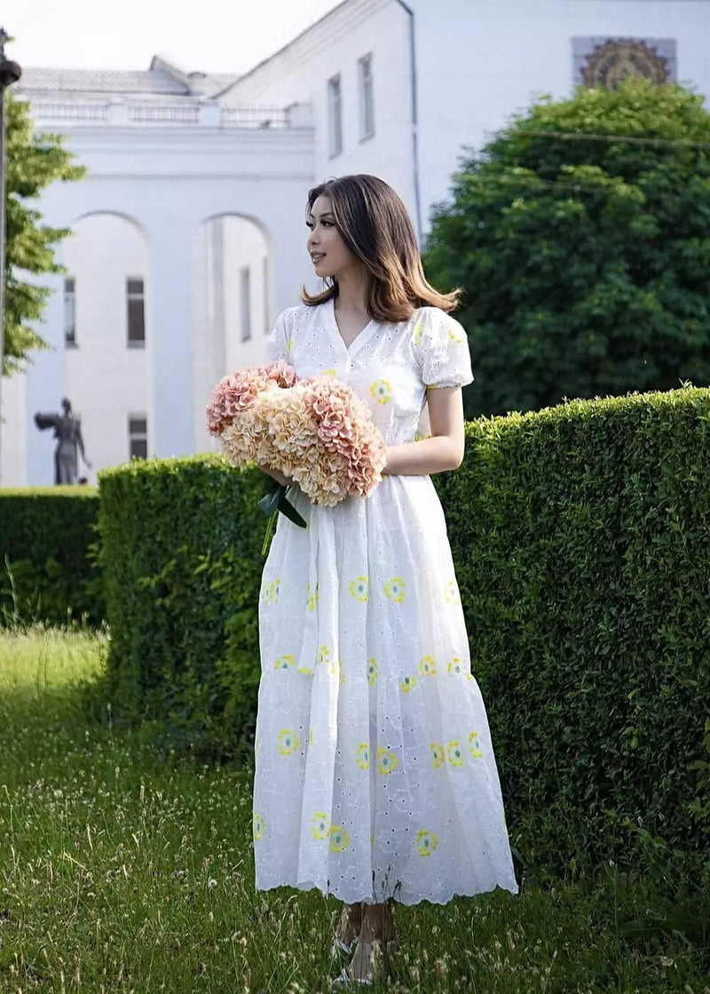 Lola Cutwork Embroidered Dress - Yellow Dresses  - Sowears