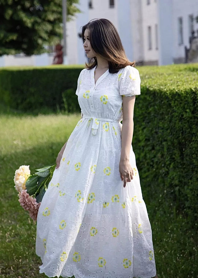 Lola Cutwork Embroidered Dress - Yellow Dresses  - Sowears