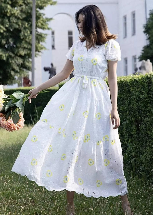 Lola Cutwork Embroidered Dress - Yellow Dresses  - Sowears