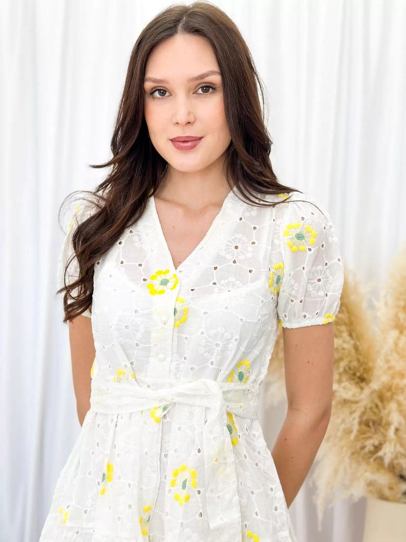 Lola Cutwork Embroidered Dress - Yellow Dresses  - Sowears