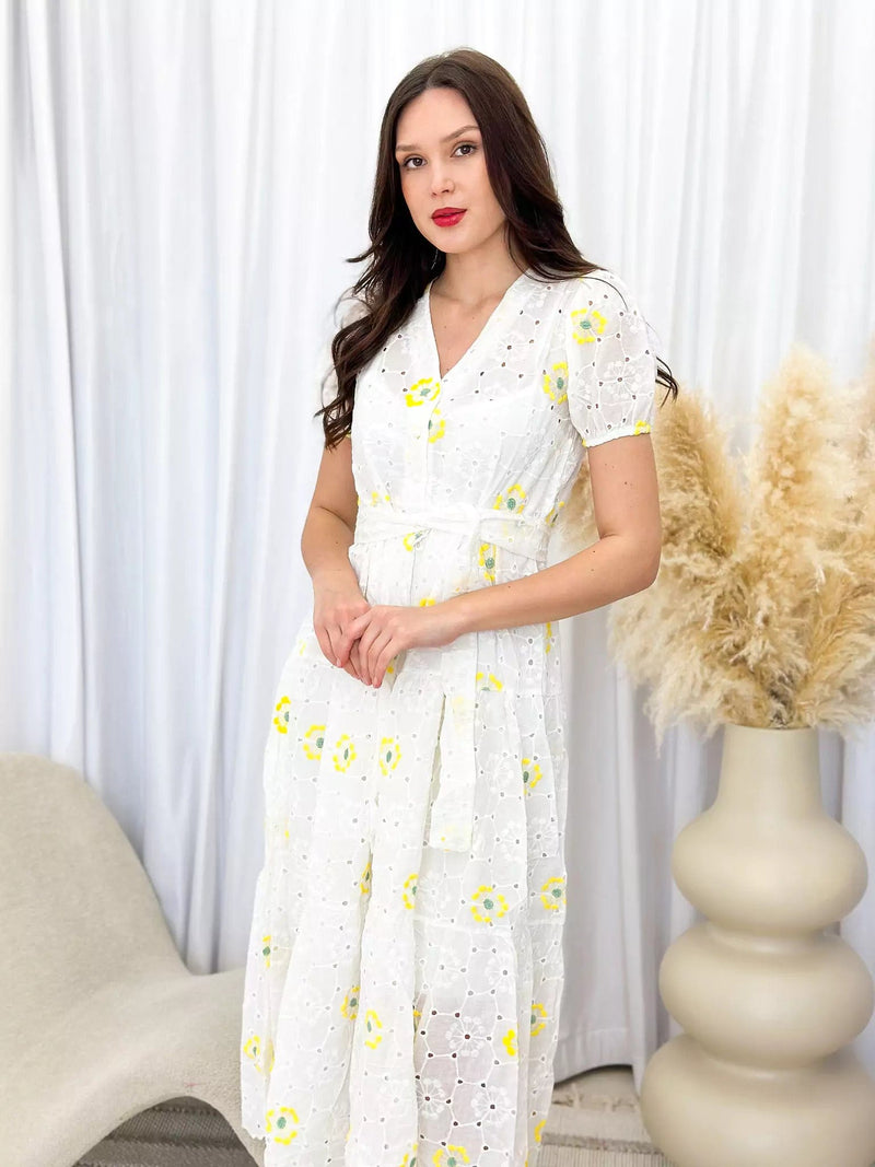 Lola Cutwork Embroidered Dress - Yellow Dresses  - Sowears