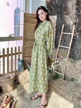 model showcasing light green floral maxi dress