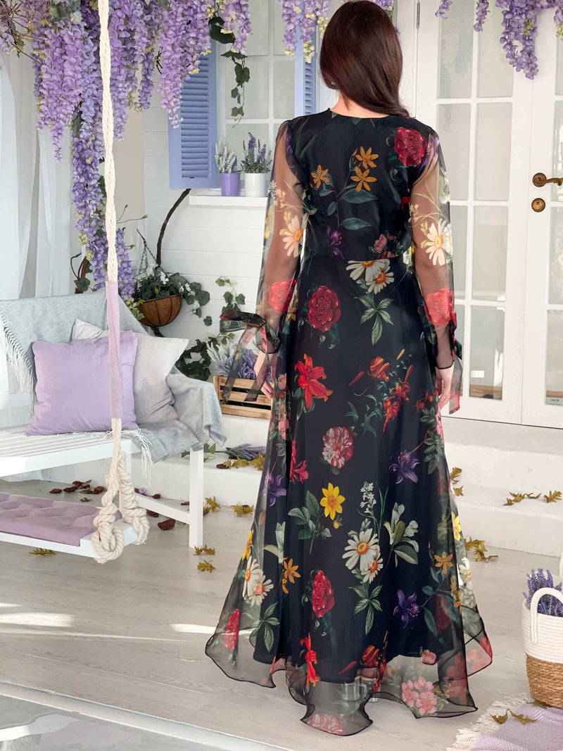 Margaret - Organza Floral Dress In Black Dresses  - Sowears