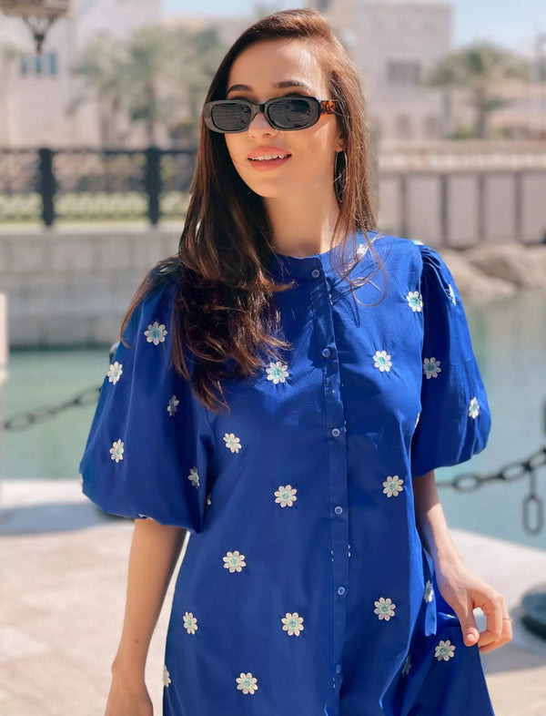 Mermaid Summer Cotton Embroidered Dress - Blue | Sowears Mermaid Summer Cotton Embroidered Dress - Blue | Sowears