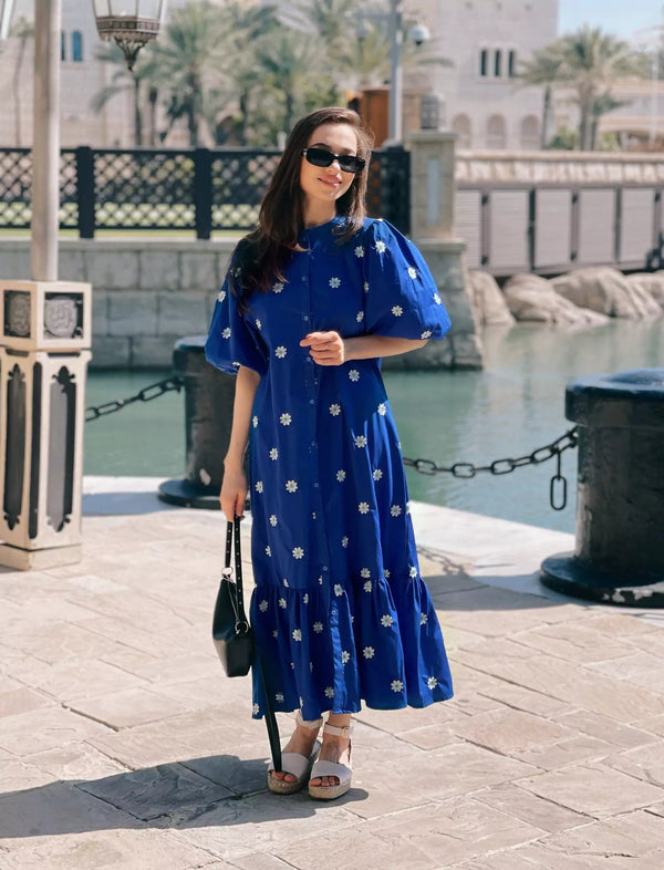 chinese dress ladies Mermaid Summer Cotton Embroidered Dress - Blue