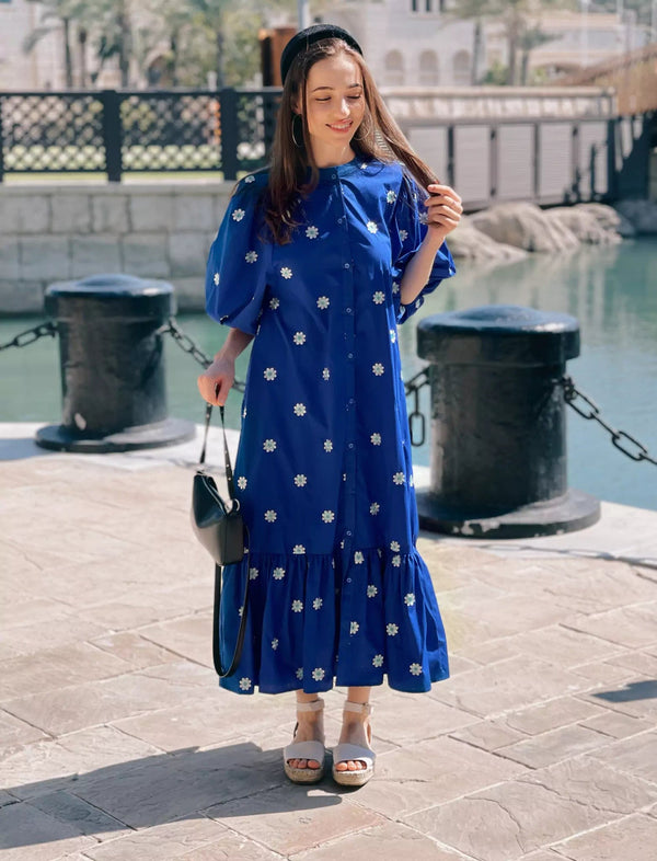Mermaid Summer Cotton Embroidered Dress - Blue | Sowears Mermaid Summer Cotton Embroidered Dress - Blue | Sowears