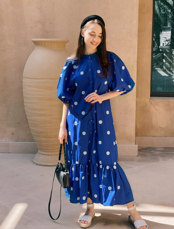 Mermaid Summer Cotton Embroidered Dress - Blue