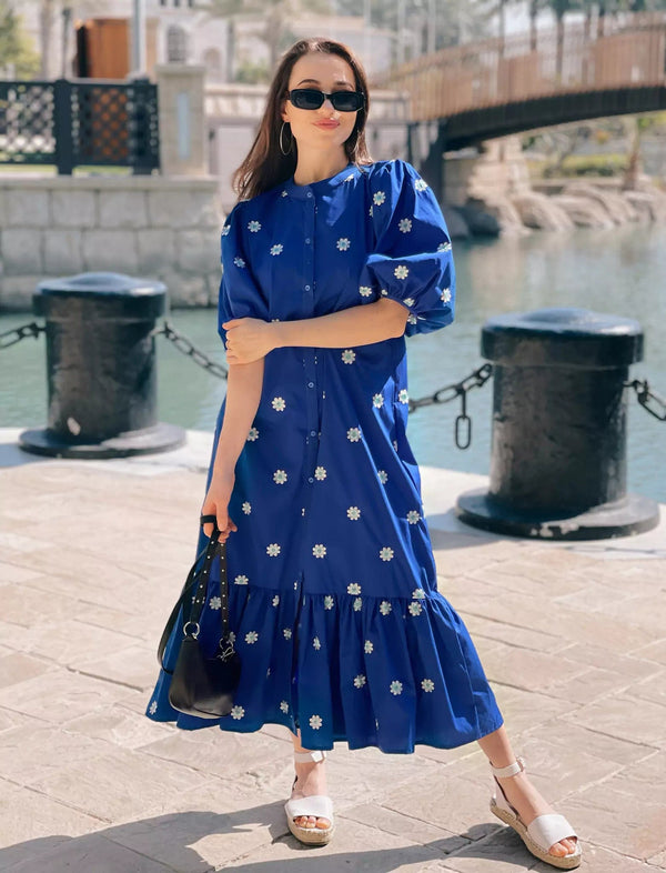 mermaid style summer dress Mermaid Summer Cotton Embroidered Dress - Blue