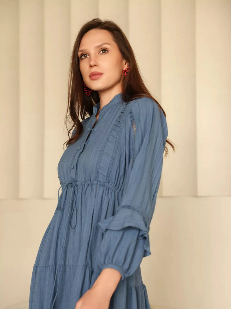 Miorah Blue Lace Detail Dress Dresses  - Sowears