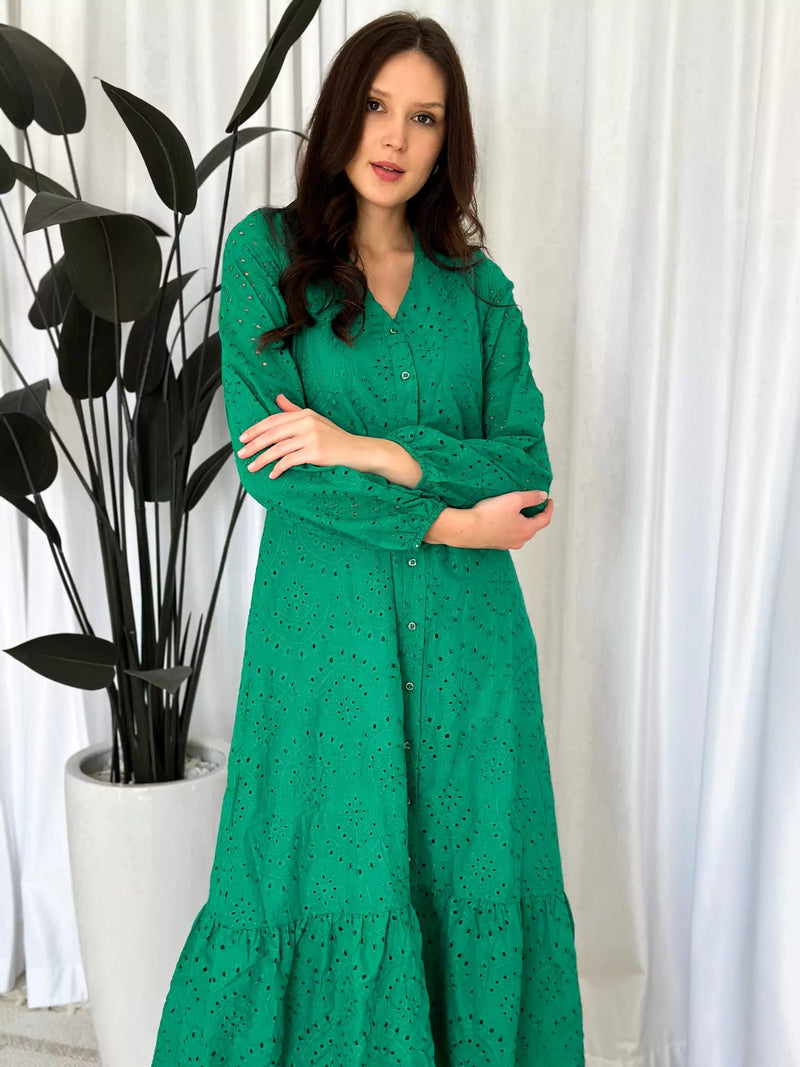 Moment Cut Work Embroidered Dress - Green Dresses  - Sowears