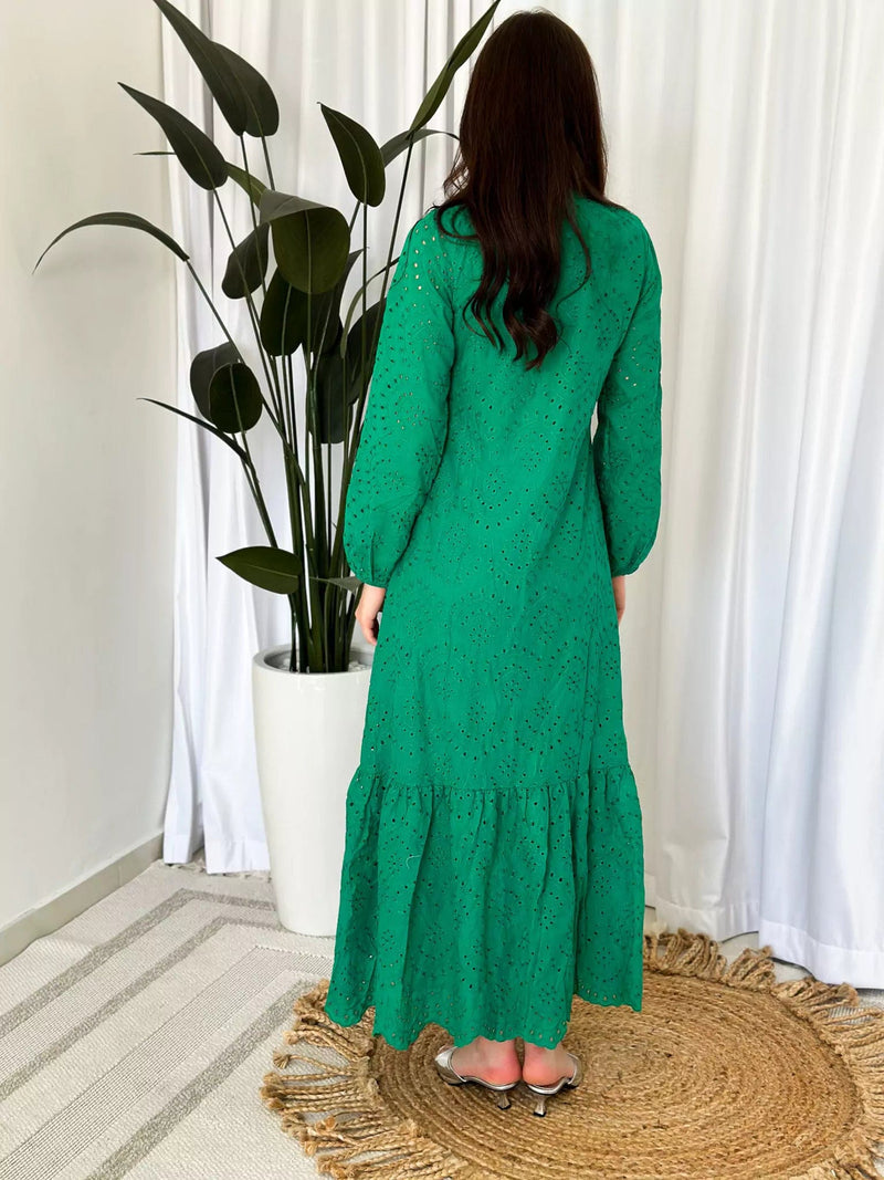 Moment Cut Work Embroidered Dress - Green Dresses  - Sowears