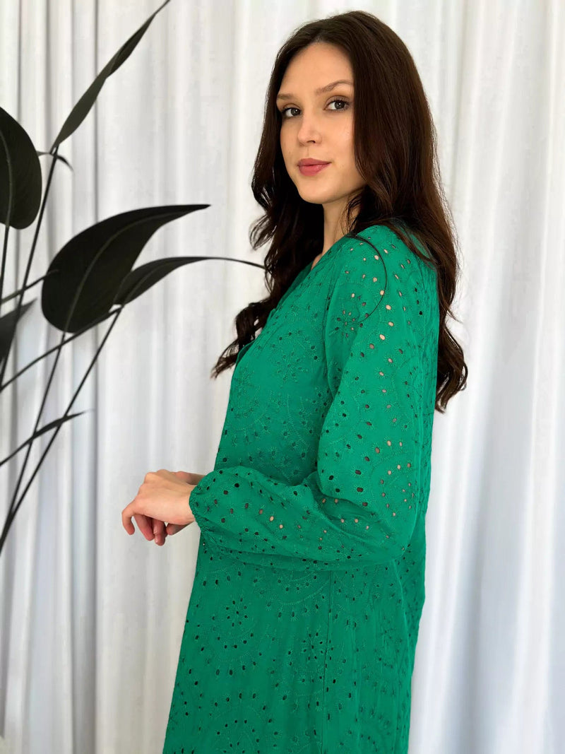 Moment Cut Work Embroidered Dress - Green Dresses  - Sowears