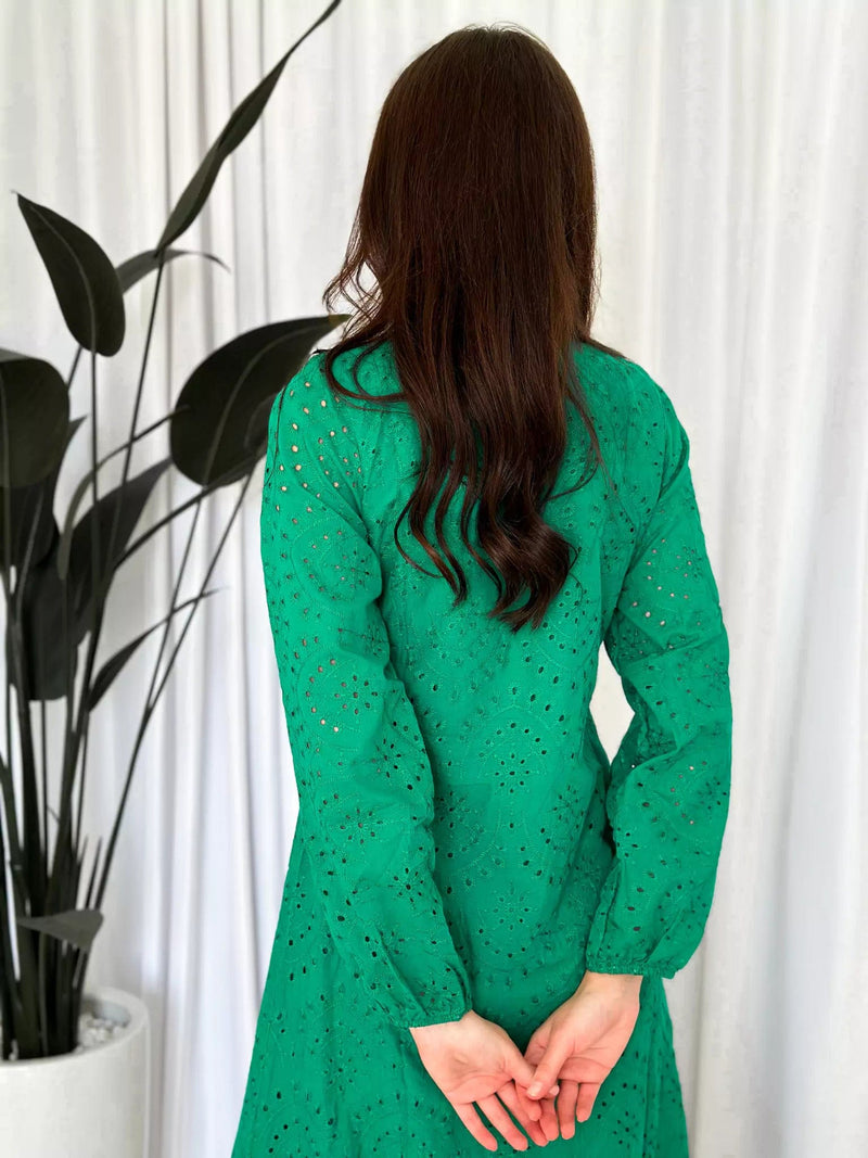 Moment Cut Work Embroidered Dress - Green Dresses  - Sowears