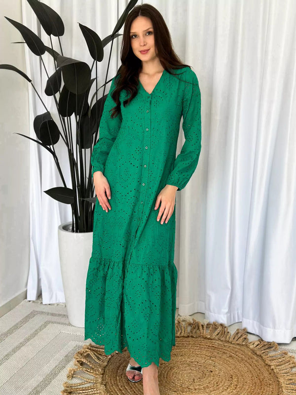 Moment Cut Work Embroidered Dress - Green Dresses  - Sowears