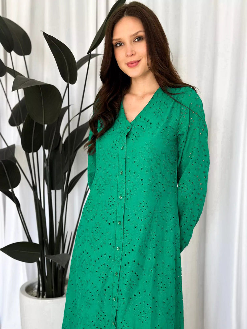 Moment Cut Work Embroidered Dress - Green Dresses  - Sowears