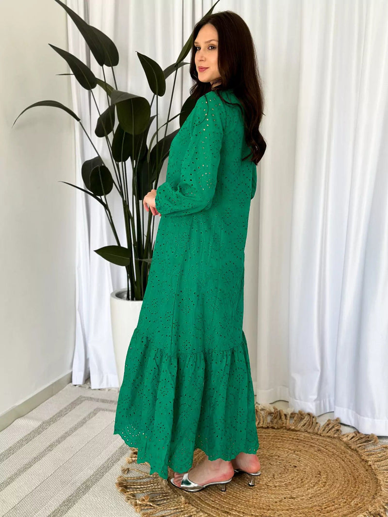 Moment Cut Work Embroidered Dress - Green Dresses  - Sowears