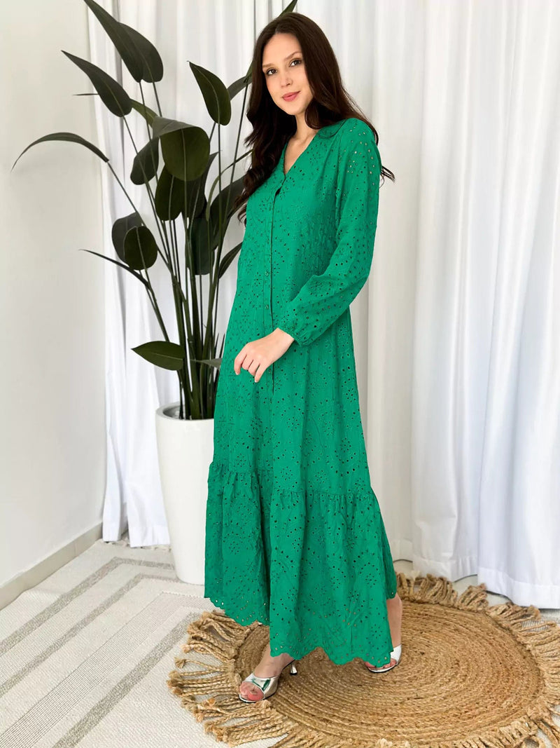 Moment Cut Work Embroidered Dress - Green Dresses  - Sowears