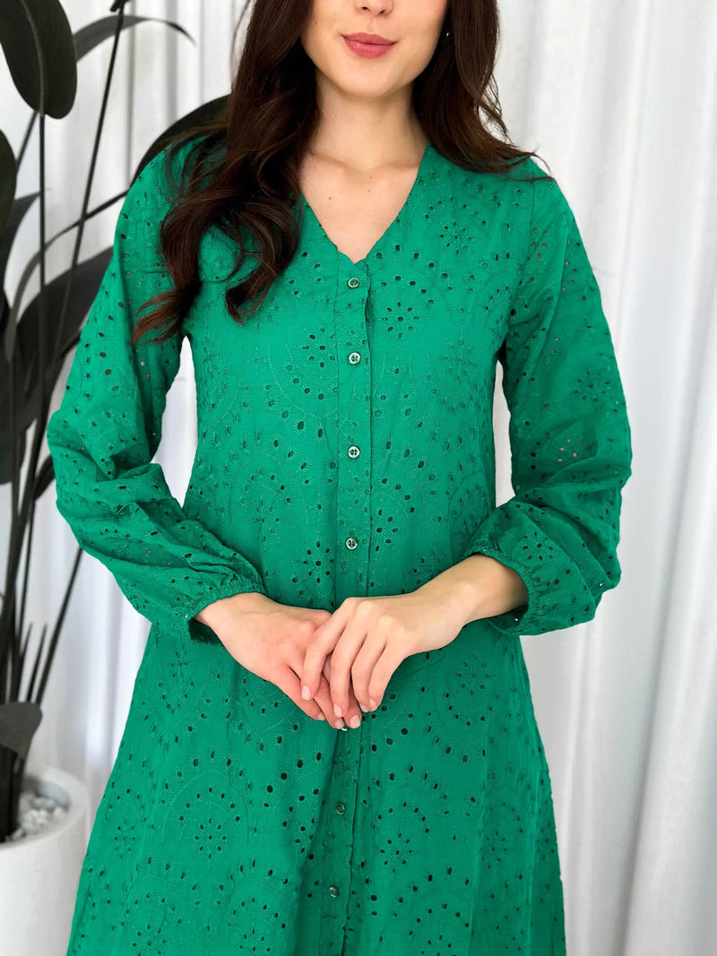 Moment Cut Work Embroidered Dress - Green Dresses  - Sowears