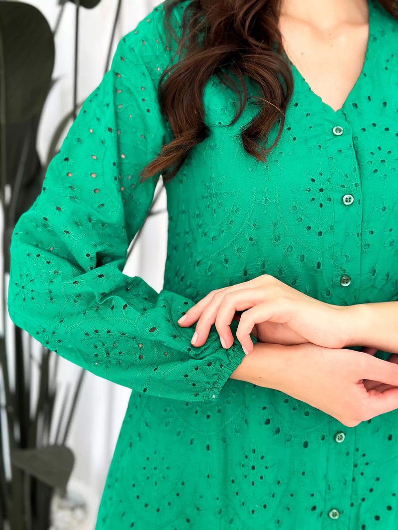 Moment Cut Work Embroidered Dress - Green Dresses  - Sowears