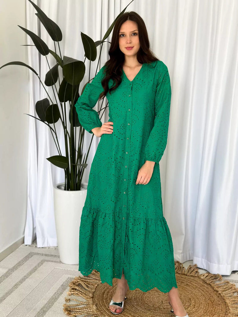 Moment Cut Work Embroidered Dress - Green Dresses  - Sowears