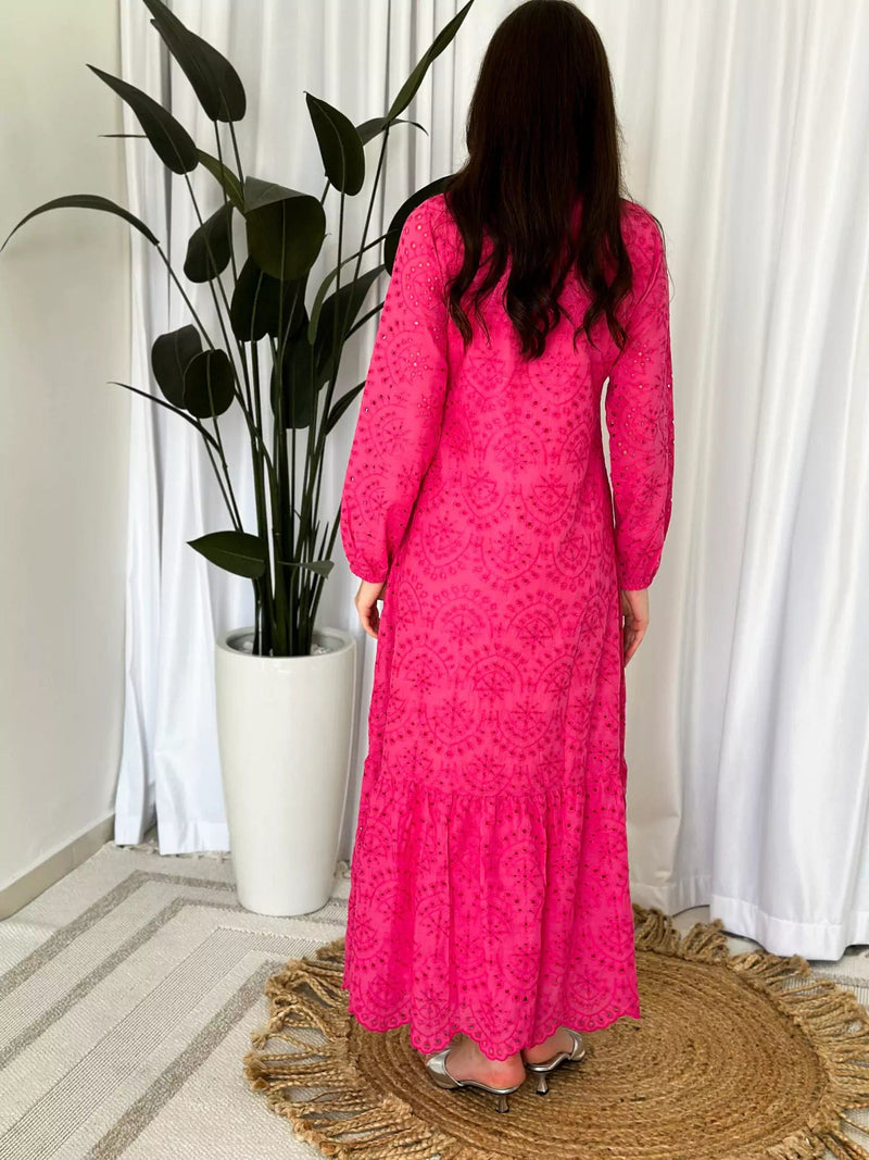 Moment Cut Work Embroidered Dress - Pink Dresses  - Sowears