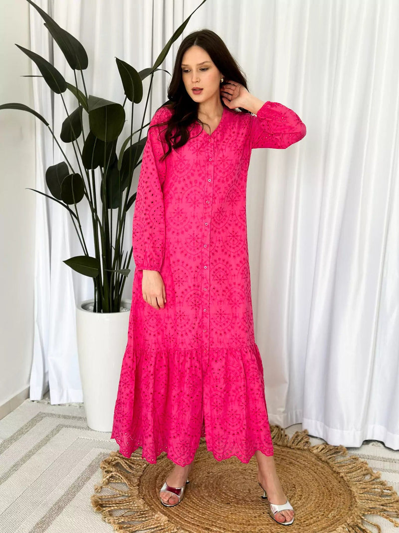 Moment Cut Work Embroidered Dress - Pink Dresses  - Sowears