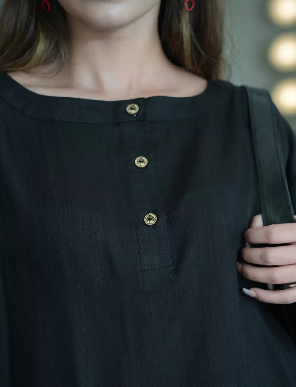 Nightfall Black Band Collar Shirt Dresses  - Sowears