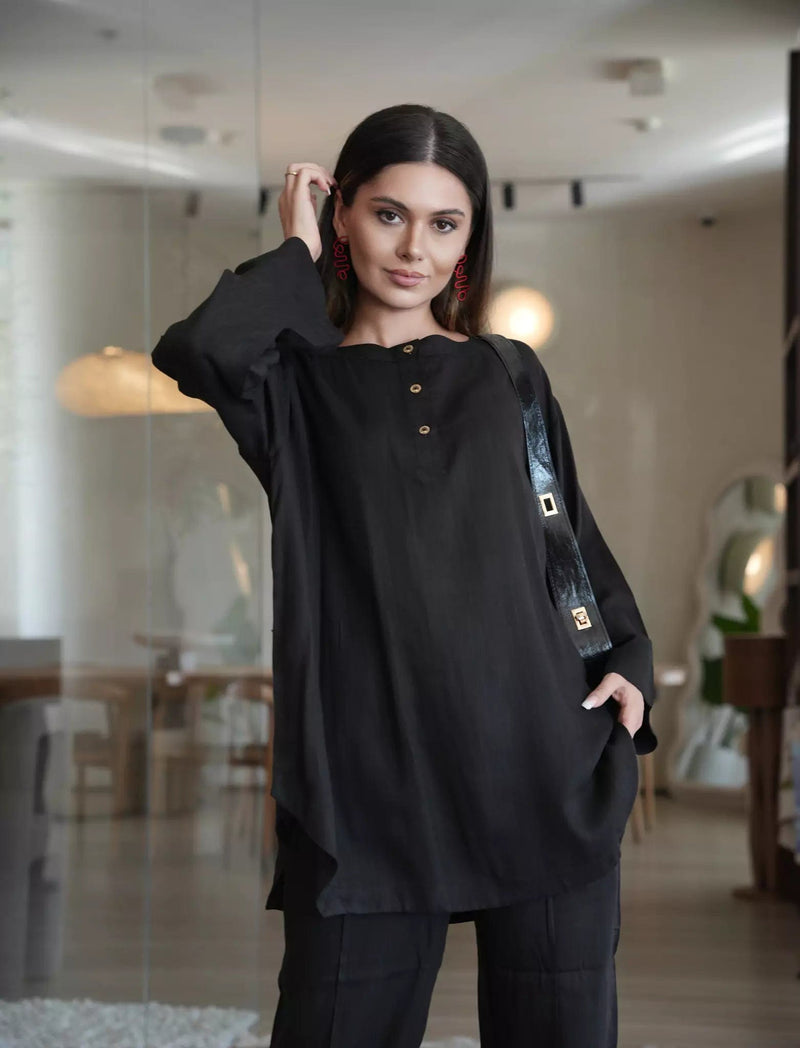 Nightfall Black Band Collar Shirt Dresses  - Sowears