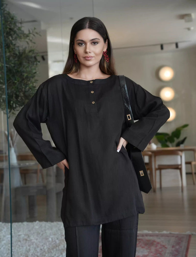 Nightfall Black Band Collar Shirt Dresses  - Sowears