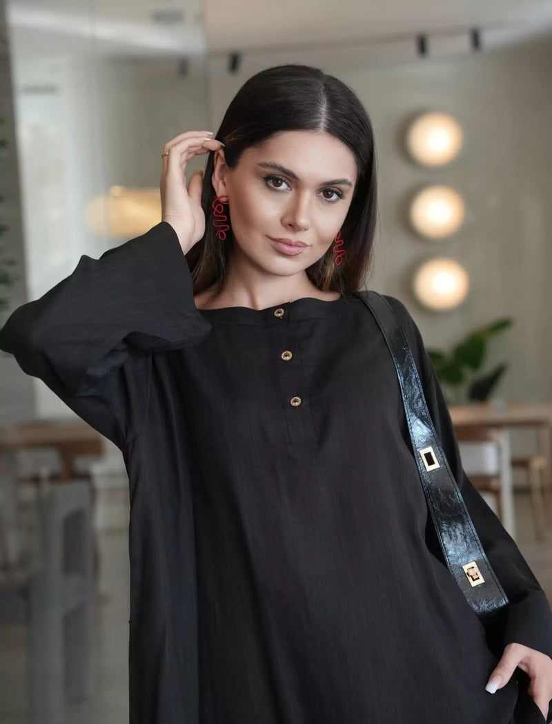 Nightfall Black Band Collar Shirt Dresses  - Sowears