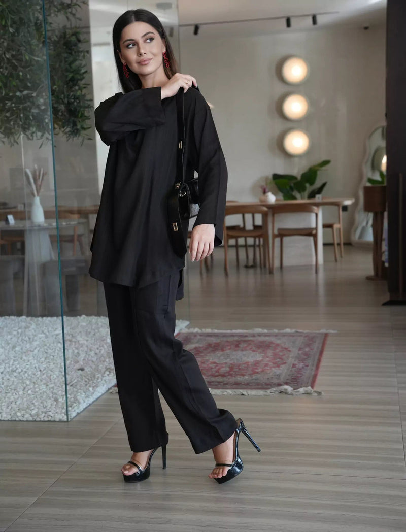 Nightfall Black Band Collar Shirt Dresses  - Sowears