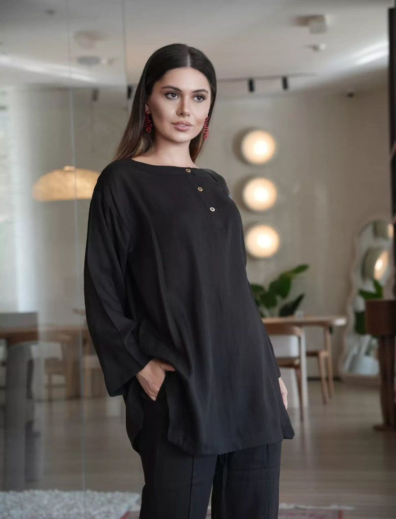 Nightfall Black Band Collar Shirt Dresses  - Sowears