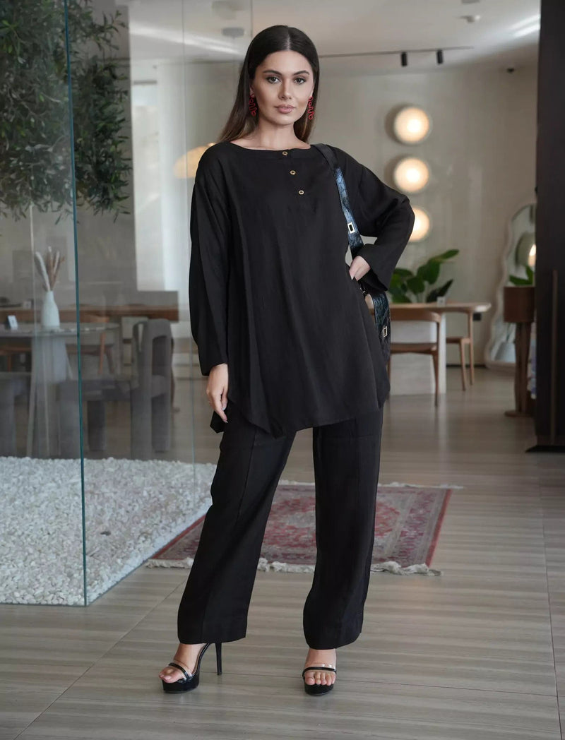 Nightfall Black Band Collar Shirt Dresses  - Sowears