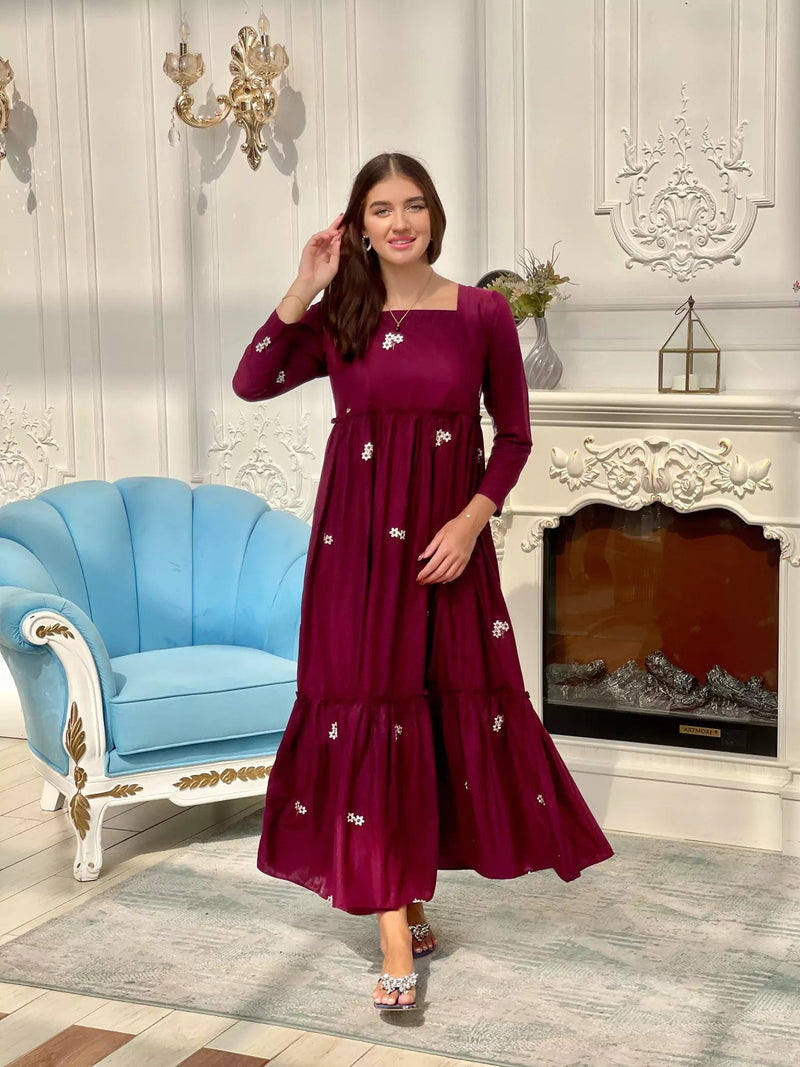 maroon embroidered dress Embroidered V-Neck Long Formal Dress