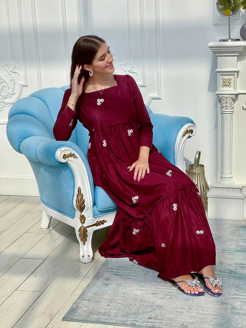 maroon embroidered dress Palestinian Essence Dress Authentic Palestinian Embroidery with a Elegant Touch