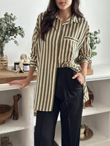 Olive Green Stripe Button Down Shirt Dresses  - Sowears